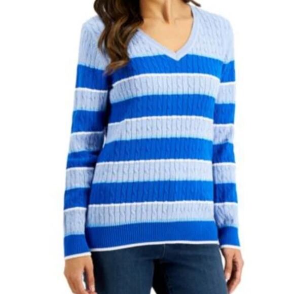 Karen Scott Cable Knit Long Sleeve V-neck Colorblock Sweater - Picture 1 of 8